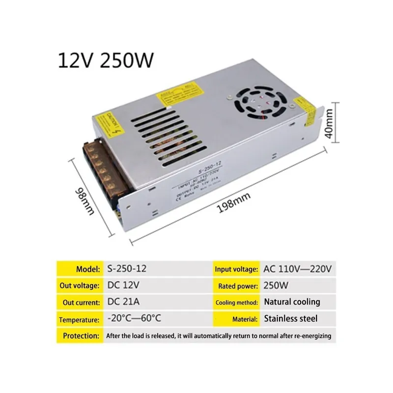 Népszerű 12V 250W - Kapcsoló tápegység fénytranszformátor AC 110V 220V DC 5V 12V 24V 48V tápforrás adapter CCTV LED szalaghoz