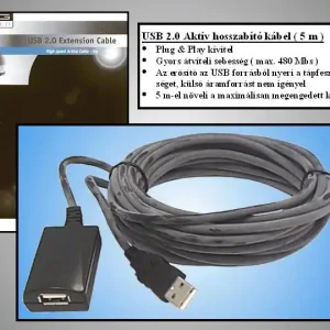 Olcsóbb USB2.0-A dugó - USB2.0-A aljzat, kábel hossz. 5m AKTÍV toldó kábel