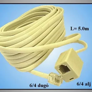 Csak ma Telefon kábel 5m 6/4 dugó->6/4 aljzat