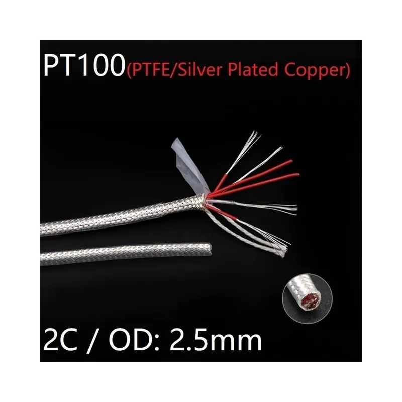 Szuper akció PT100 kompenzációs huzal 2 mag külső átmérőjű 2,5 mm PTFE szigetelő ezüstözött réz pajzs jelvonal hőellenállás érzékelő kábel