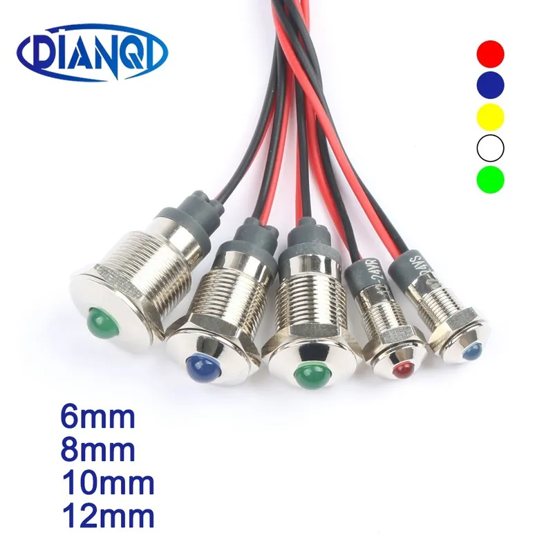 Árcsökkenés 8mm-12-24V-Fehér-Vízálló LED Fém Figyelmeztető jelző lámpa Vezérlővezeték kapcsoló Vezérlő vezeték Piros Sárga Kék Izzó