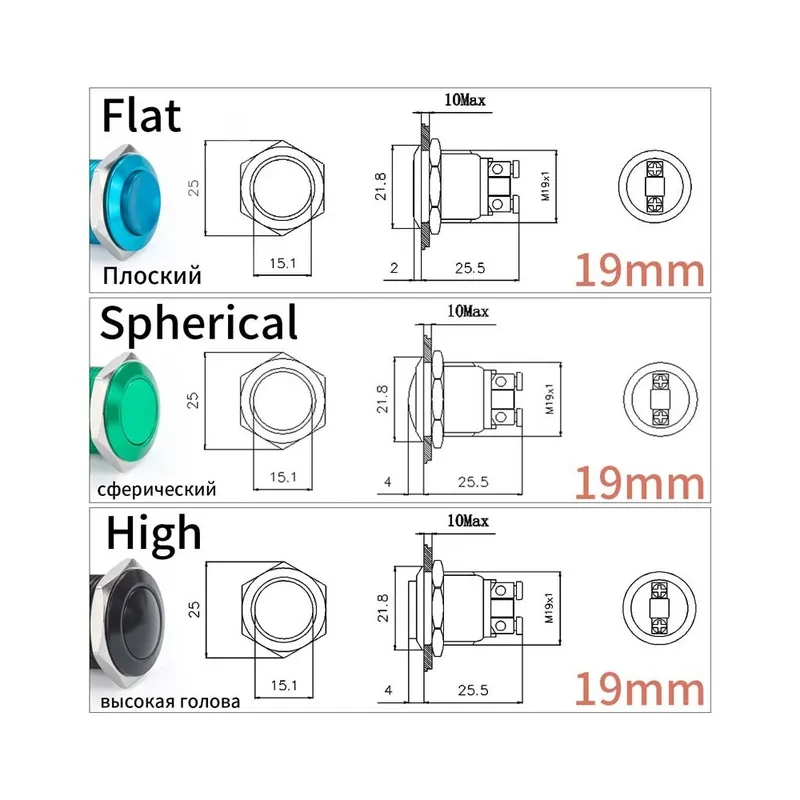 Vedd meg online Lapos(Csavar lábú)-Piros(1NO)-19mm-16 19 22mm Azonnali Fém Nyomógomb kapcsoló Csavar Terminál LED nélkül