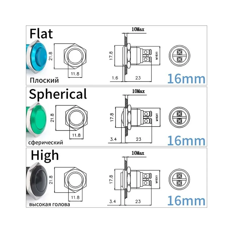 Vásárlói kedvenc Lapos(Csavar lábú)-Piros(1NO)-16mm-16 19 22mm Azonnali Fém Nyomógomb kapcsoló Csavar Terminál LED nélkül