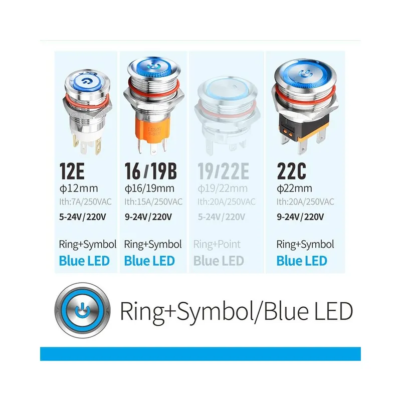 Vedd meg most Azonnali-16mm(16B)-5-24V VAGY 9-24V-B LED Táp-LANBOO 20A Nagy áramerősségű Fém gomb kapcsoló LED-del