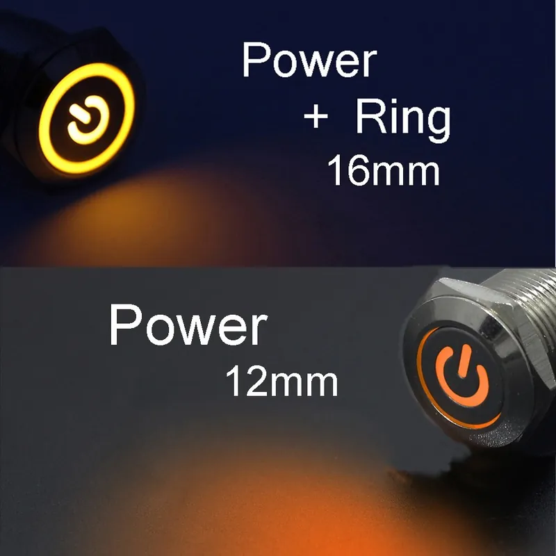 Gyors kiszállítás 12mm-Azonnali Újraindító-24V(12V-24V)-Sárga Táp-Fém Nyomógomb kapcsoló Erős Vízálló Lapos Kör LED