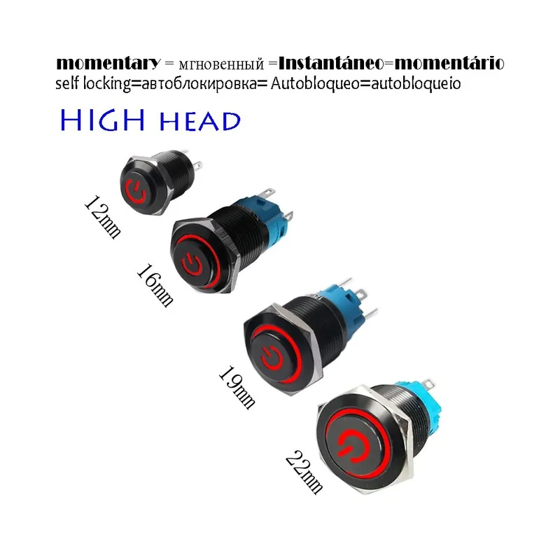 Alacsony ár Azonnali-12mm Magas fejű-LED 12-24V-Piros Táp-Magas fejű Fekete váz Autó Műszerfal Vízálló Fém gomb kapcsoló LED
