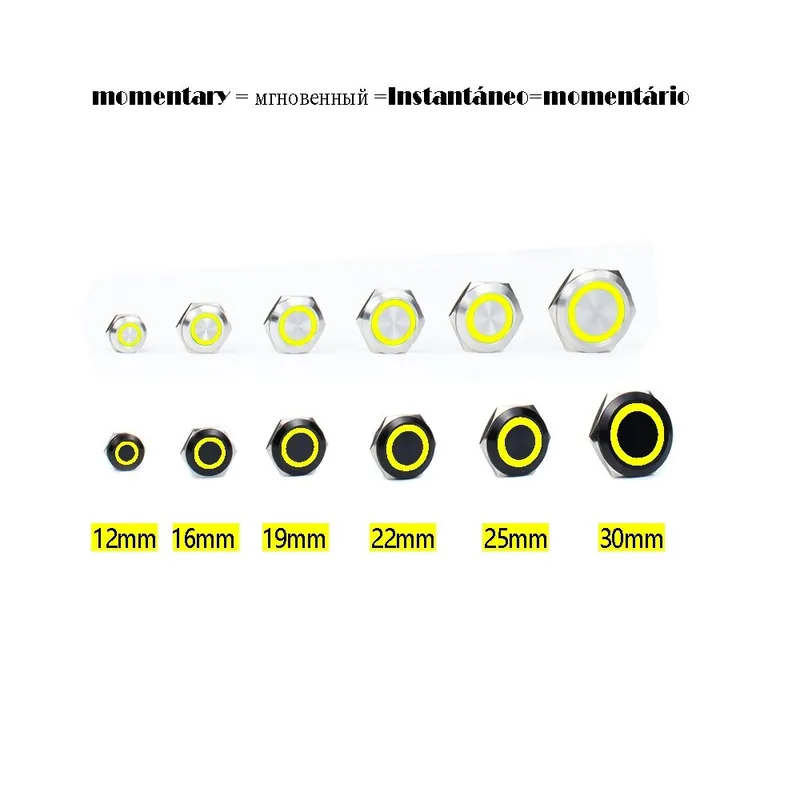 Fekete borítás-12mm Lapos fejű-12-24V LED-Sárga Gyűrű-Kapcsoló LED Azonnali Nem Rögzített Vízálló Műszerfal gomb Exkluzív ajánlat