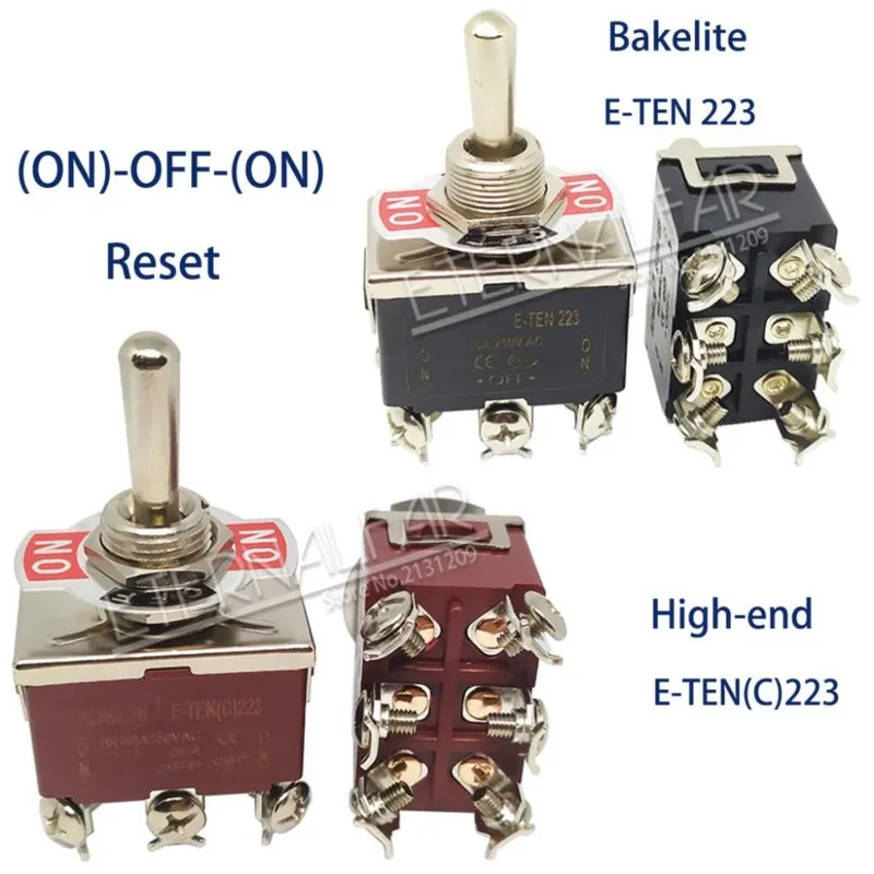 Bakelit-E-TEN223-Ezüst érintkező E-TEN(C)1321 DPDT 15A 250V AC ON-ON kapcsolós 6 Tűs Újraindító Váltó kapcsoló Utolsó esély