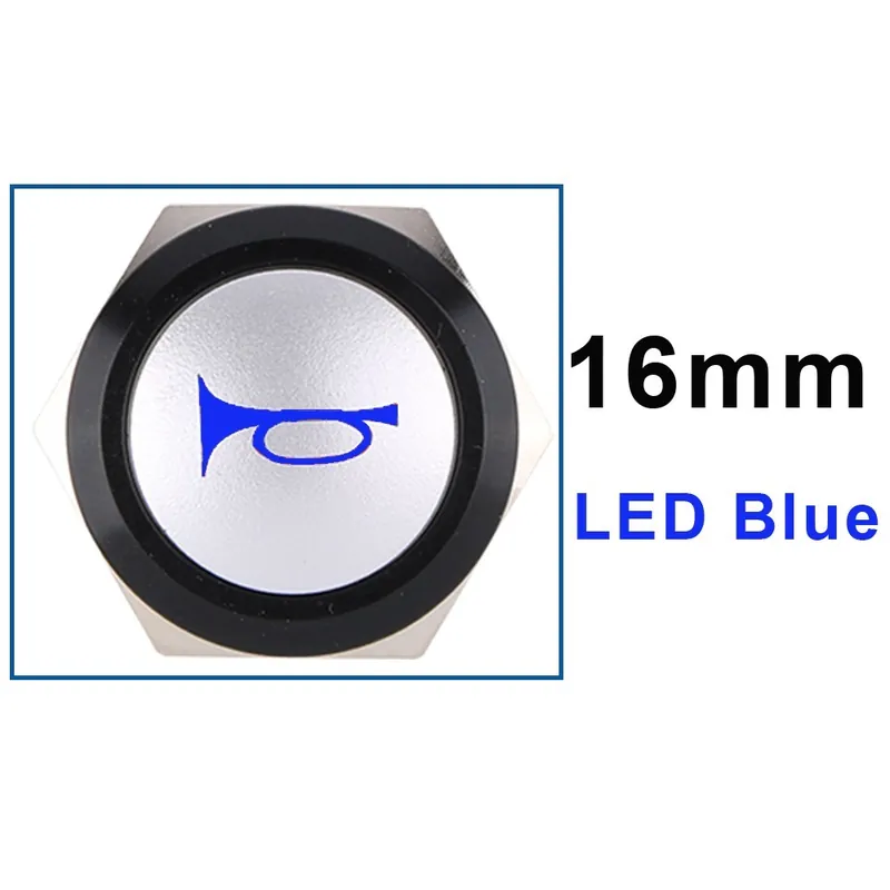 12-24V(12V 24V)-16mm LED Kék-16mm 12V LED Azonnali Újraindító Duda nyomógomb 19mm Fém kapcsoló Autó Hangszóró Piros Olcsóbb