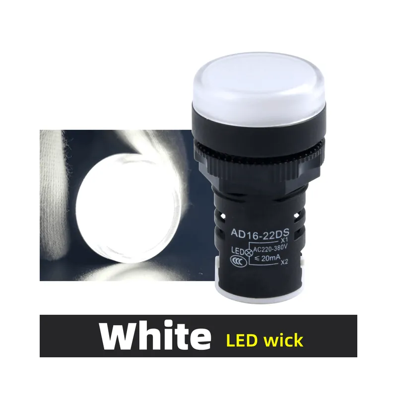 AC220V-380V-Fehér-LED kanóc-12V 24V 220V 380V 22mm 1db Panelre szerelt LED Erős jelzőkészülék Őrláng AC / DC Univerzális Outlet