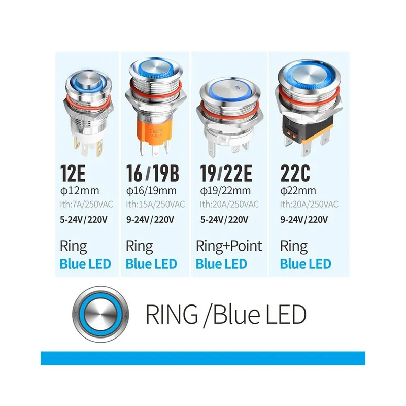 Rendeld meg most Azonnali-12mm (12E)-220-B LED Gyűrű-LANBOO 20A Nagy áramerősségű Fém gomb kapcsoló LED-del