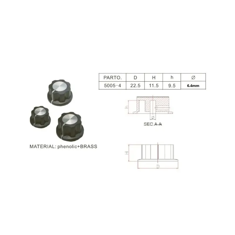 Kedvezmény 5005-4 6,4mm-Fekete Bakelit 6,35mm tengely csavarral Effektor gomb Gitár gomb Hornyolt csúszó Potenciométer gomb